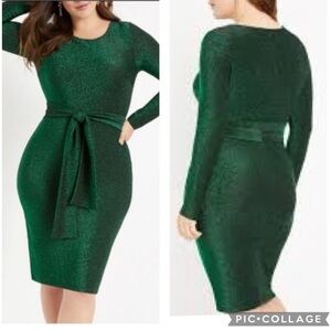 Eloquii Dress Lurex Tie Waist Long Sleeve Green Sparkle Size 18